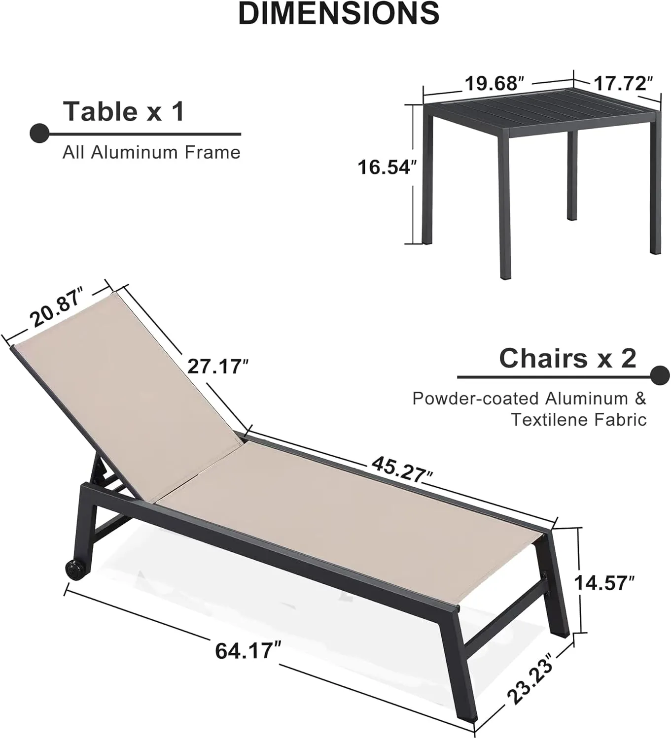 PURPLE LEAF Patio Chaise Lounge Set 2 Pieces Textilene Pool Lounge Chairs with Wheels Sunbathing Chair for Outdoor Yard (2 Beige Lounges W/Side Table)
