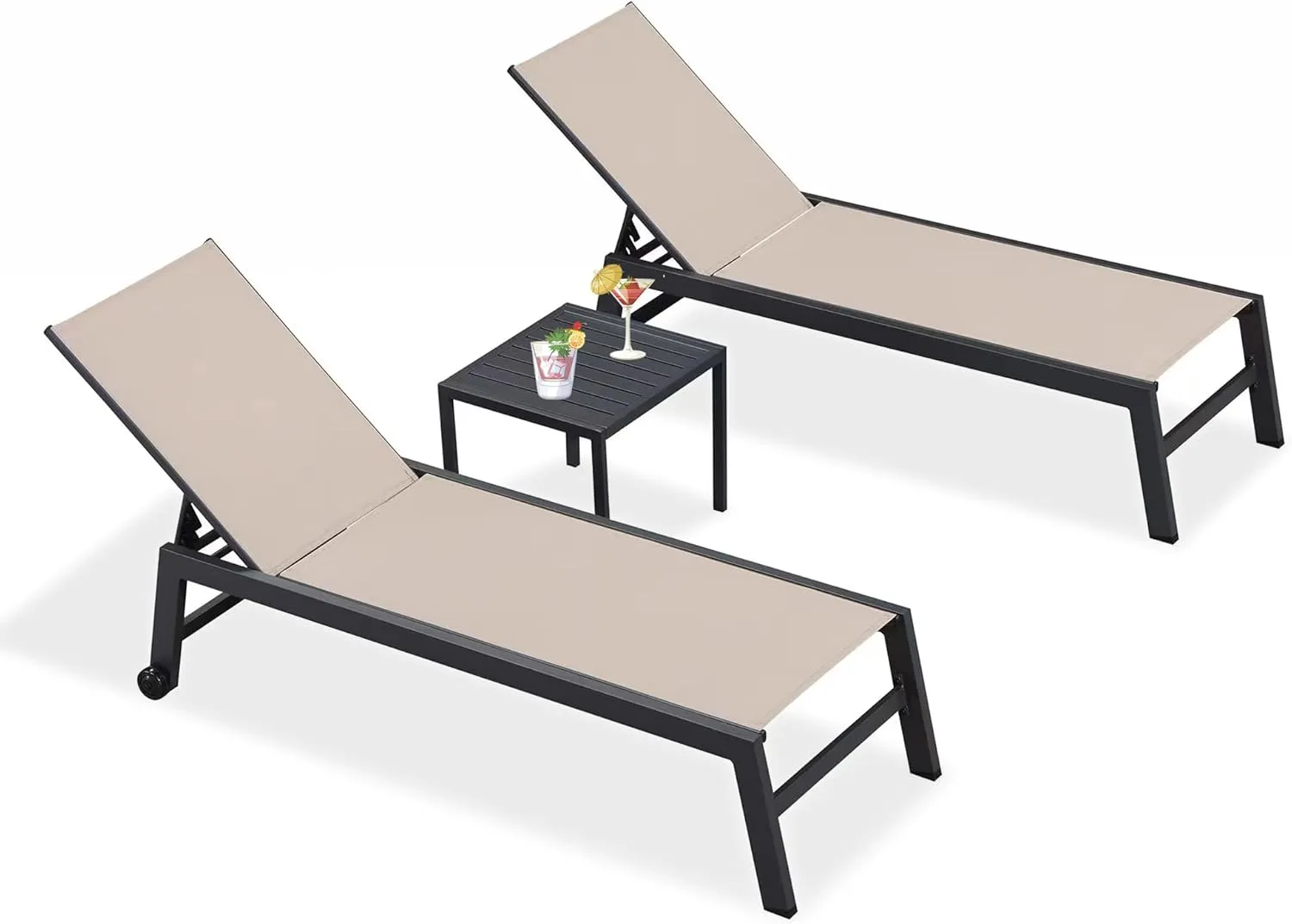 PURPLE LEAF Patio Chaise Lounge Set 2 Pieces Textilene Pool Lounge Chairs with Wheels Sunbathing Chair for Outdoor Yard (2 Beige Lounges W/Side Table)