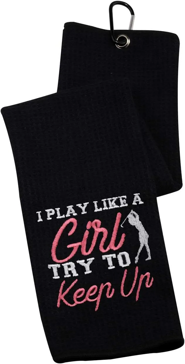 PWHAOO Golf Towel Women's Golf Towel Funny Golf Towel Gift for Her I Know I Play Like A So Try to Keep Up Golf Towel with Clip (Try to Keep Up)