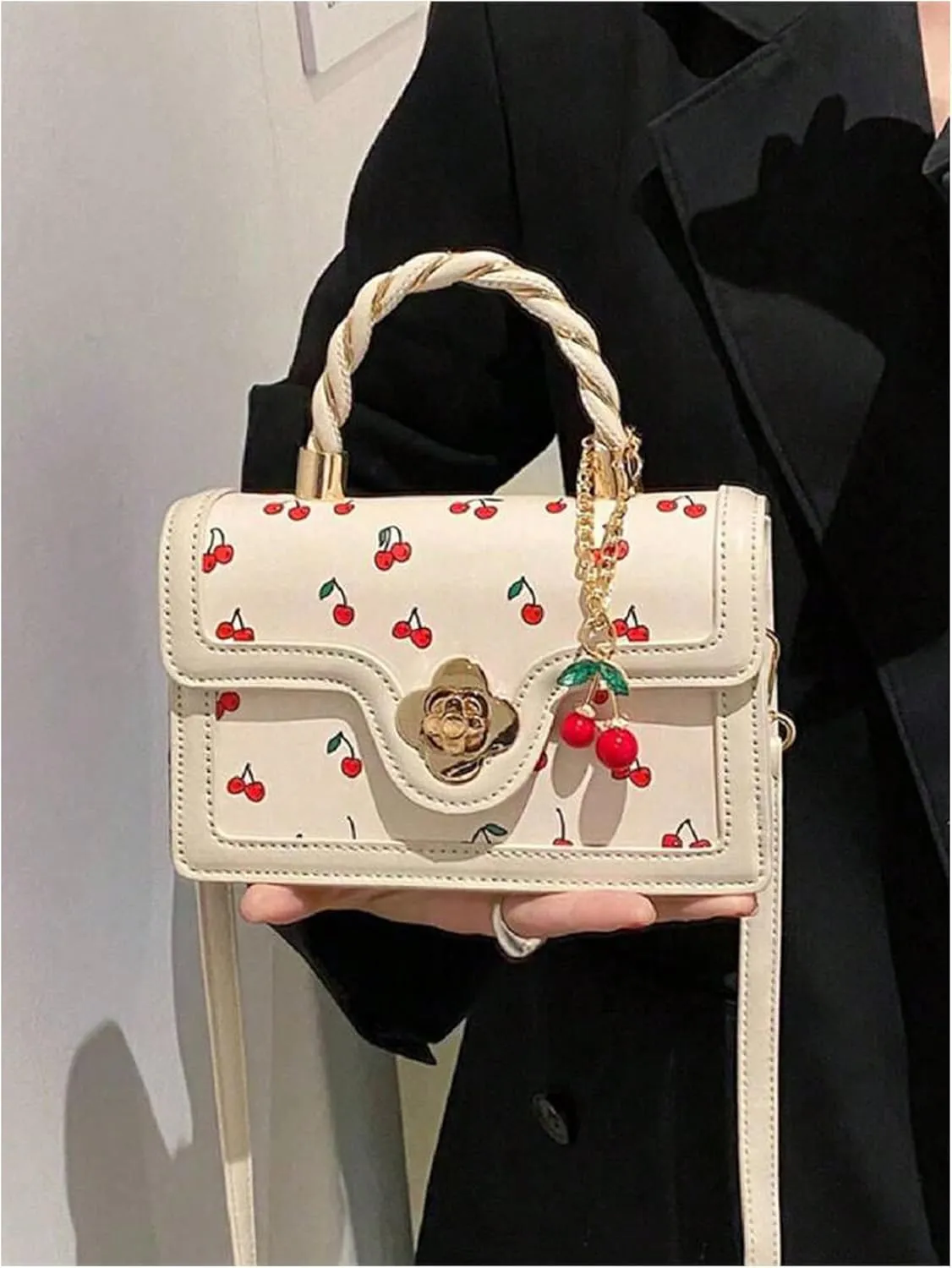 QWINEE Women's Cherry Print Top Handle Satchel Purses Retro PU Leather Crossbody Bags
