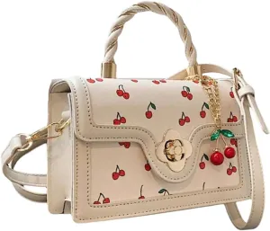 QWINEE Women's Cherry Print Top Handle Satchel Purses Retro PU Leather Crossbody Bags