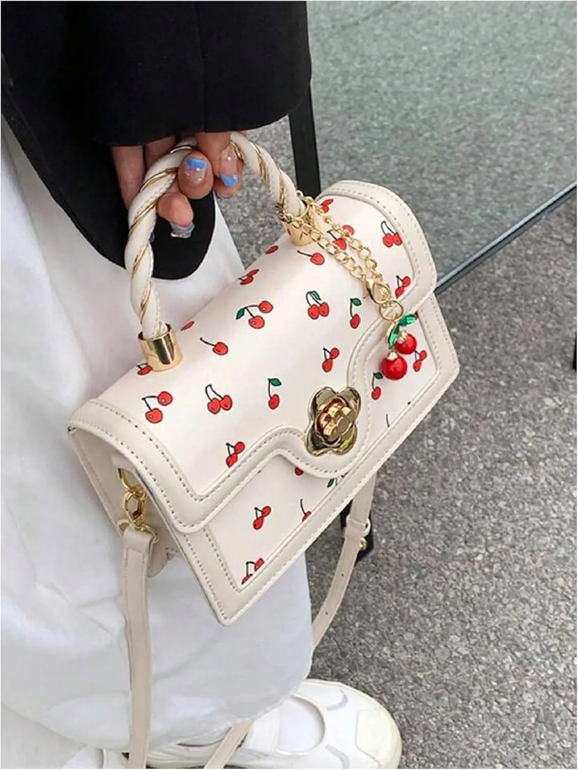QWINEE Women's Cherry Print Top Handle Satchel Purses Retro PU Leather Crossbody Bags