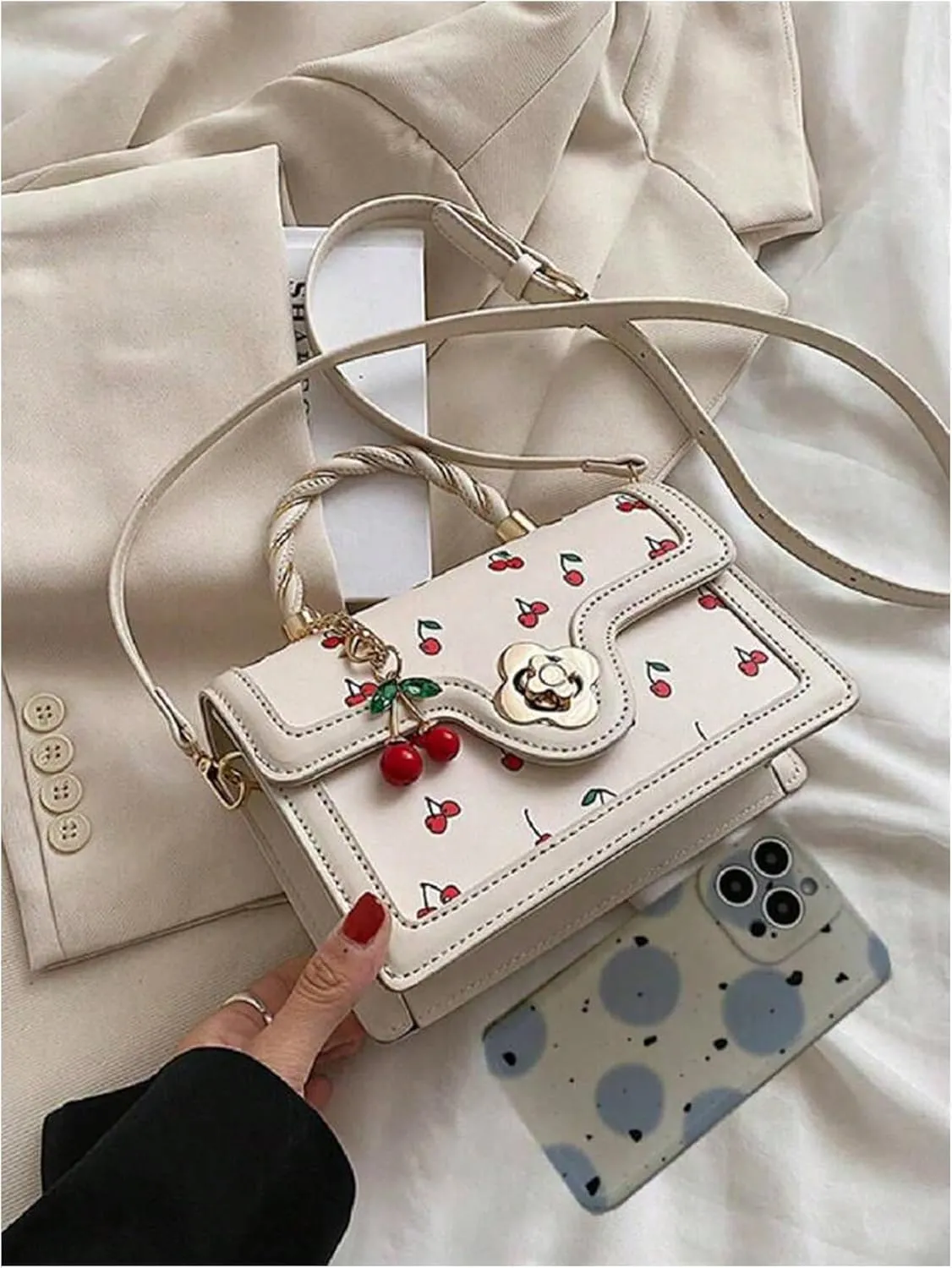 QWINEE Women's Cherry Print Top Handle Satchel Purses Retro PU Leather Crossbody Bags