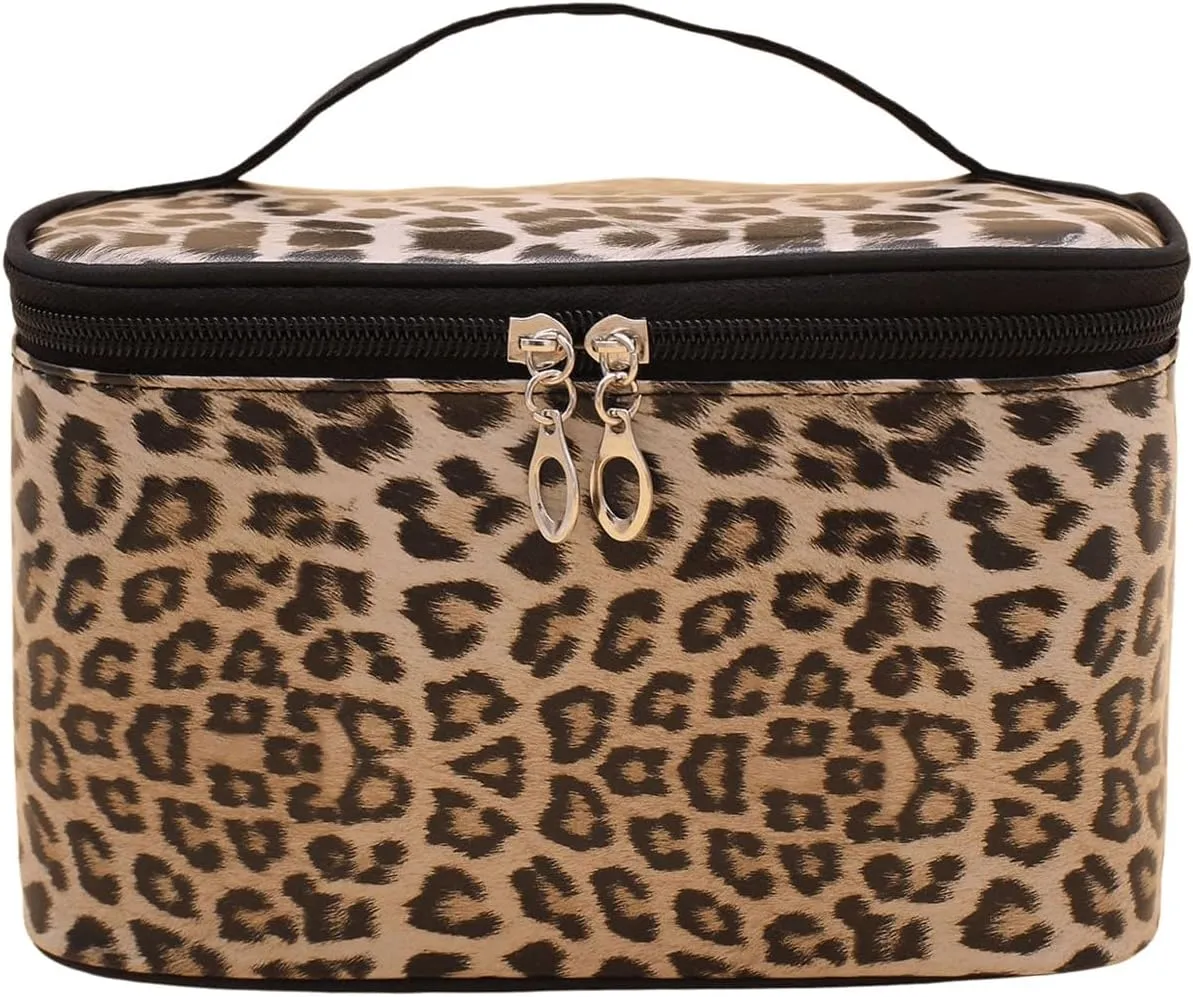 QWINEE Women's Leopard Print Cosmetic Bag Top Handle Zipper Makeup Bag Large Capacity Toiletry Bag Multicolor One-Size
