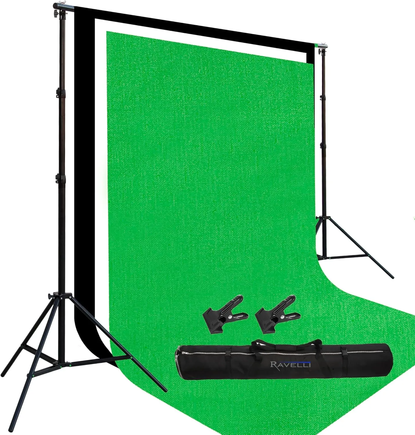 Ravelli Air Cushioned 10x12FT Stand or Dual 10FT Light Stands, 3 Prism 9x18FT Eco-Friendly Organic Cotton Backdrops, 2 Large 3" Metal Clamps and 1680D Ballistic Nylon Bag with 8mm White Copper Zipper