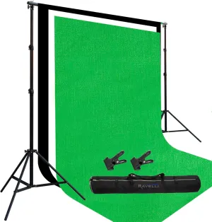 Ravelli Air Cushioned 10x12FT Stand or Dual 10FT Light Stands, 3 Prism 9x18FT Eco-Friendly Organic Cotton Backdrops, 2 Large 3" Metal Clamps and 1680D Ballistic Nylon Bag with 8mm White Copper Zipper