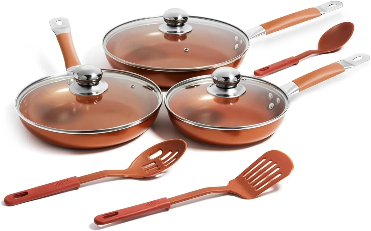 Razab 3 PC Nonstick Copper Frying Pans Skillets Set with Lids (8", 9.5", 11") - Ceramic Coating & Silicone Spatulas for Cooking Egg, Omelette - Kitchen Cookware for Induction, Gas & Electric Stovetop