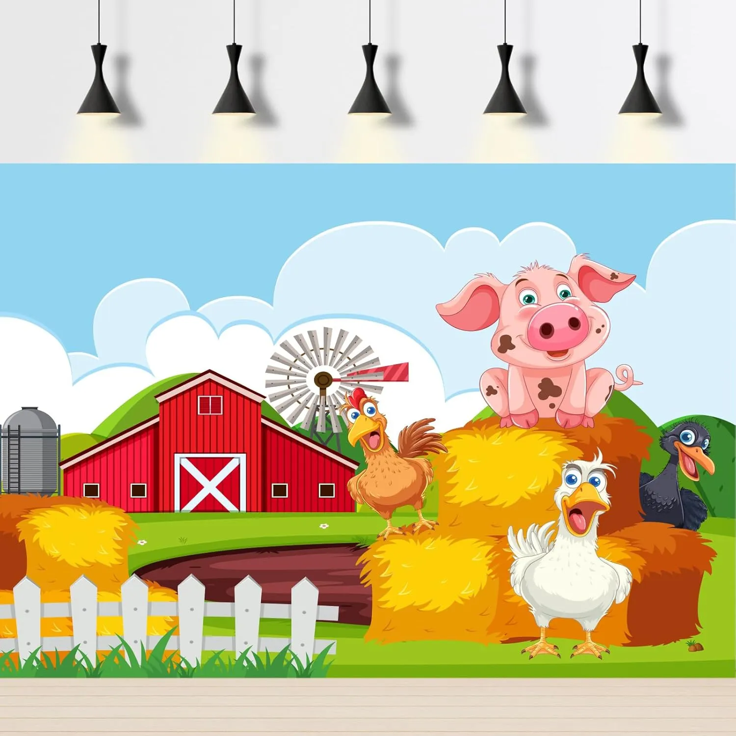Red Barn Farm Backdrop Windmill Haystack Green Trees Meadow Farmhouse Photography Background Happy Cute Cartoon Farm Animals Backdrop Decors Birthday Theme Baby Shower Background Props 7x5ft