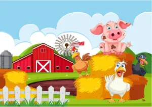Red Barn Farm Backdrop Windmill Haystack Green Trees Meadow Farmhouse Photography Background Happy Cute Cartoon Farm Animals Backdrop Decors Birthday Theme Baby Shower Background Props 7x5ft