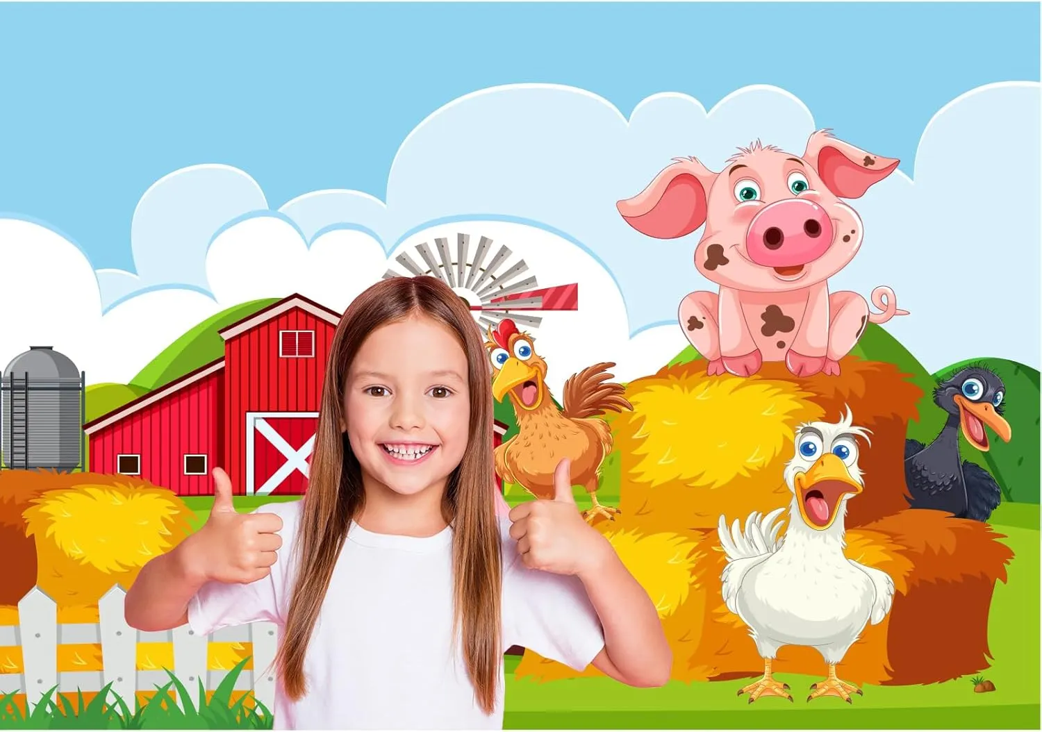 Red Barn Farm Backdrop Windmill Haystack Green Trees Meadow Farmhouse Photography Background Happy Cute Cartoon Farm Animals Backdrop Decors Birthday Theme Baby Shower Background Props 7x5ft