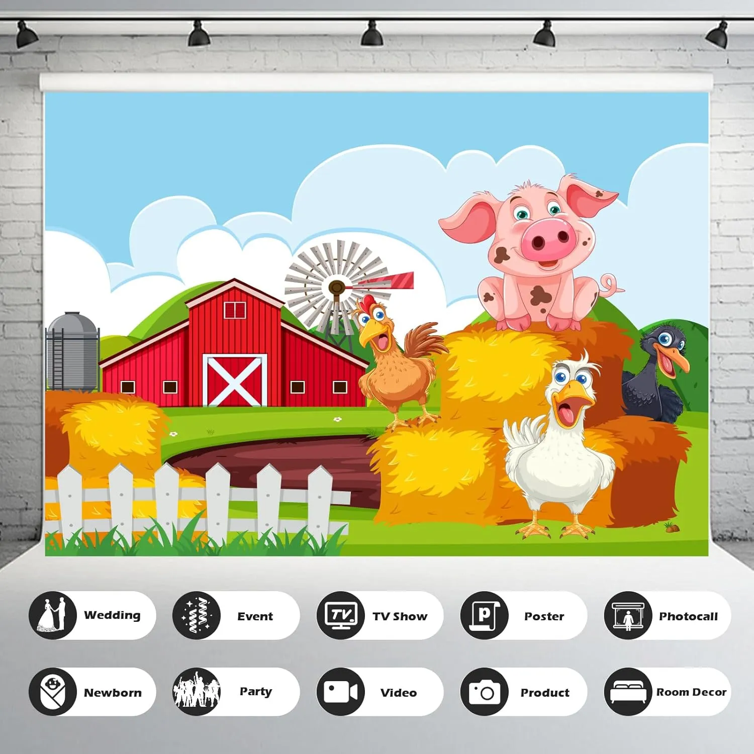 Red Barn Farm Backdrop Windmill Haystack Green Trees Meadow Farmhouse Photography Background Happy Cute Cartoon Farm Animals Backdrop Decors Birthday Theme Baby Shower Background Props 7x5ft
