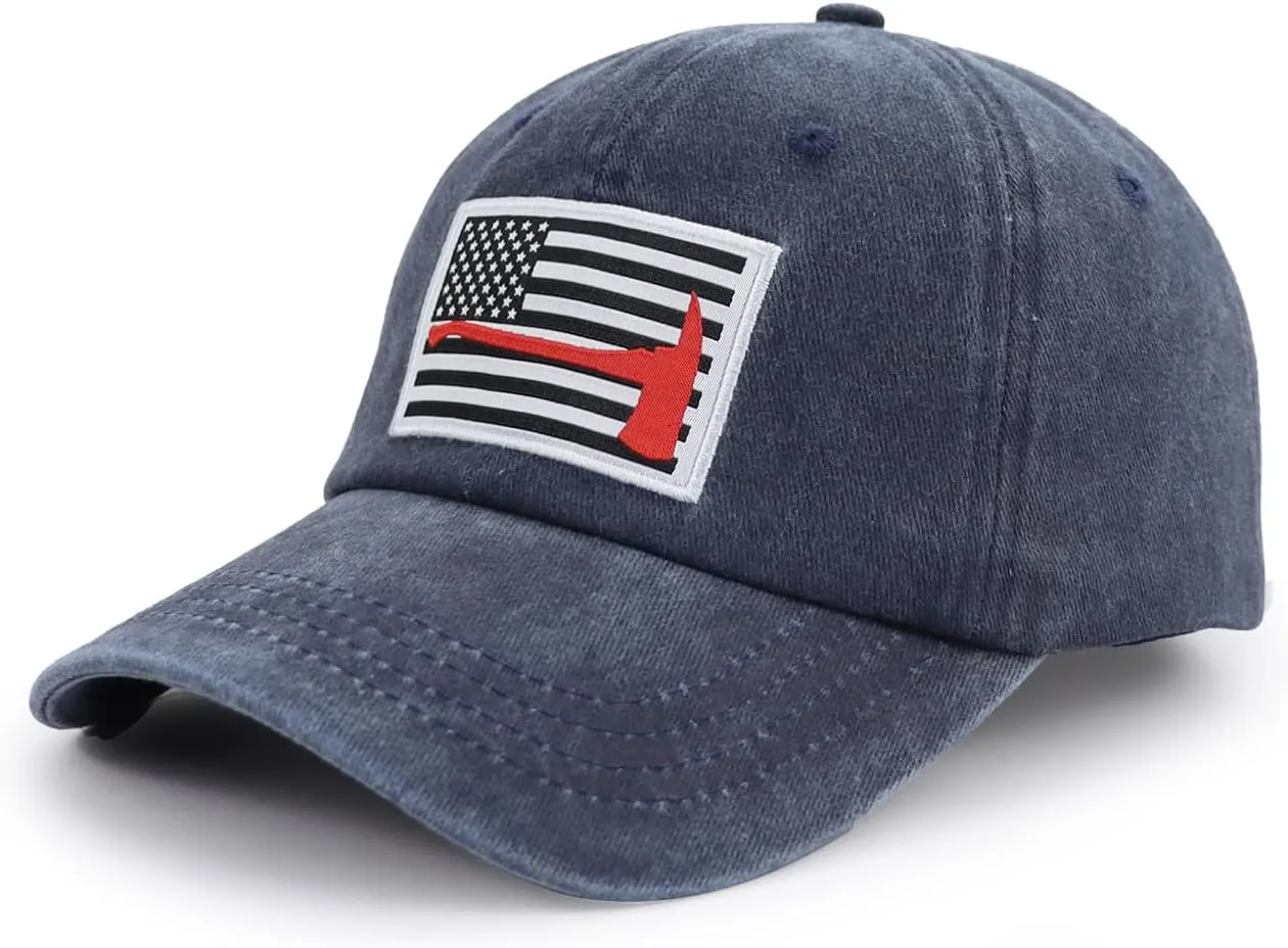 Red Line Firefighter Axe USA Flag Hats for Men Women, Funny Adjustable Cotton Embroidered Baseball Cap