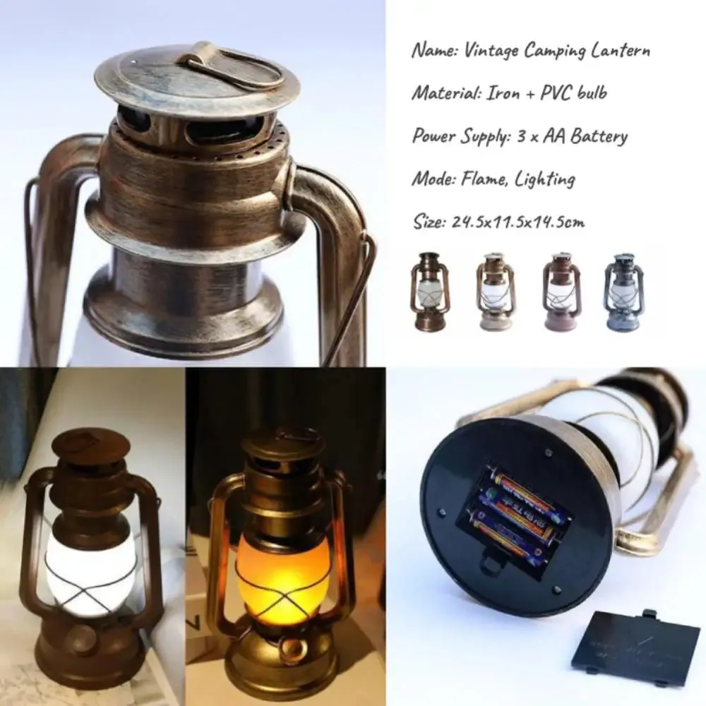 Retro Vintage Camping Hanging Lantern Battery LED Flame Warm Light