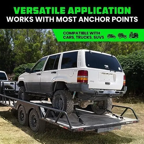 Rhino USA Car Tie Down Straps for Trailers with Snap Hooks (4-Pack) - 2 Inch x 8 Feet (10,000lb Break Strength) - Heavy Duty T-Handle Car Hauler Tire Straps for Trailer & UTV with Axle Straps - Black
