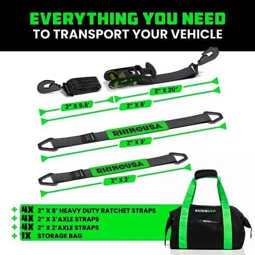 Rhino USA Car Tie Down Straps for Trailers with Snap Hooks (4-Pack) - 2 Inch x 8 Feet (10,000lb Break Strength) - Heavy Duty T-Handle Car Hauler Tire Straps for Trailer & UTV with Axle Straps - Black