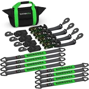 Rhino USA Car Tie Down Straps for Trailers with Snap Hooks (4-Pack) - 2 Inch x 8 Feet (10,000lb Break Strength) - Heavy Duty T-Handle Car Hauler Tire Straps for Trailer & UTV with Axle Straps - Black
