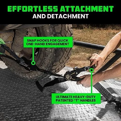 Rhino USA Car Tie Down Straps for Trailers with Snap Hooks (4-Pack) - 2 Inch x 8 Feet (10,000lb Break Strength) - Heavy Duty T-Handle Car Hauler Tire Straps for Trailer & UTV with Axle Straps - Black