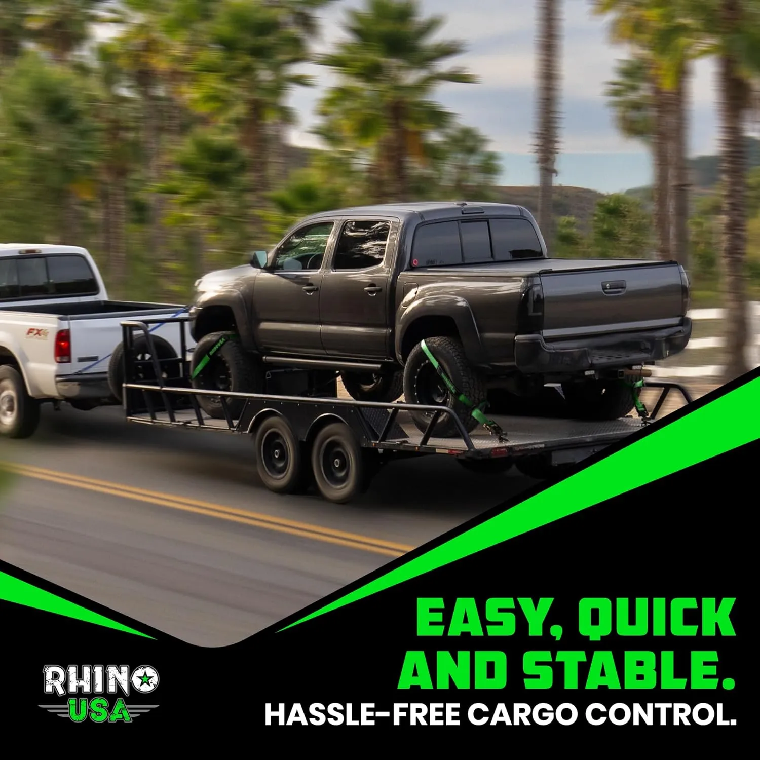 Rhino USA Car Tie Down Straps for Trailers with Snap Hooks (4-Pack) - 2 Inch x 8 Feet (10,000lb Break Strength) - Heavy Duty T-Handle Car Hauler Tire Straps for Trailer & UTV with Lasso Straps - Green