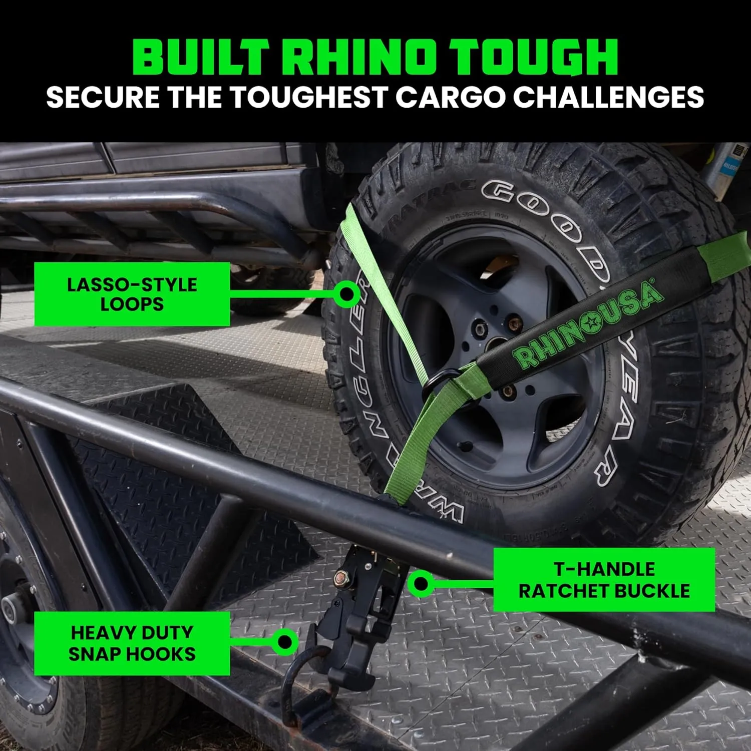 Rhino USA Car Tie Down Straps for Trailers with Snap Hooks (4-Pack) - 2 Inch x 8 Feet (10,000lb Break Strength) - Heavy Duty T-Handle Car Hauler Tire Straps for Trailer & UTV with Lasso Straps - Green