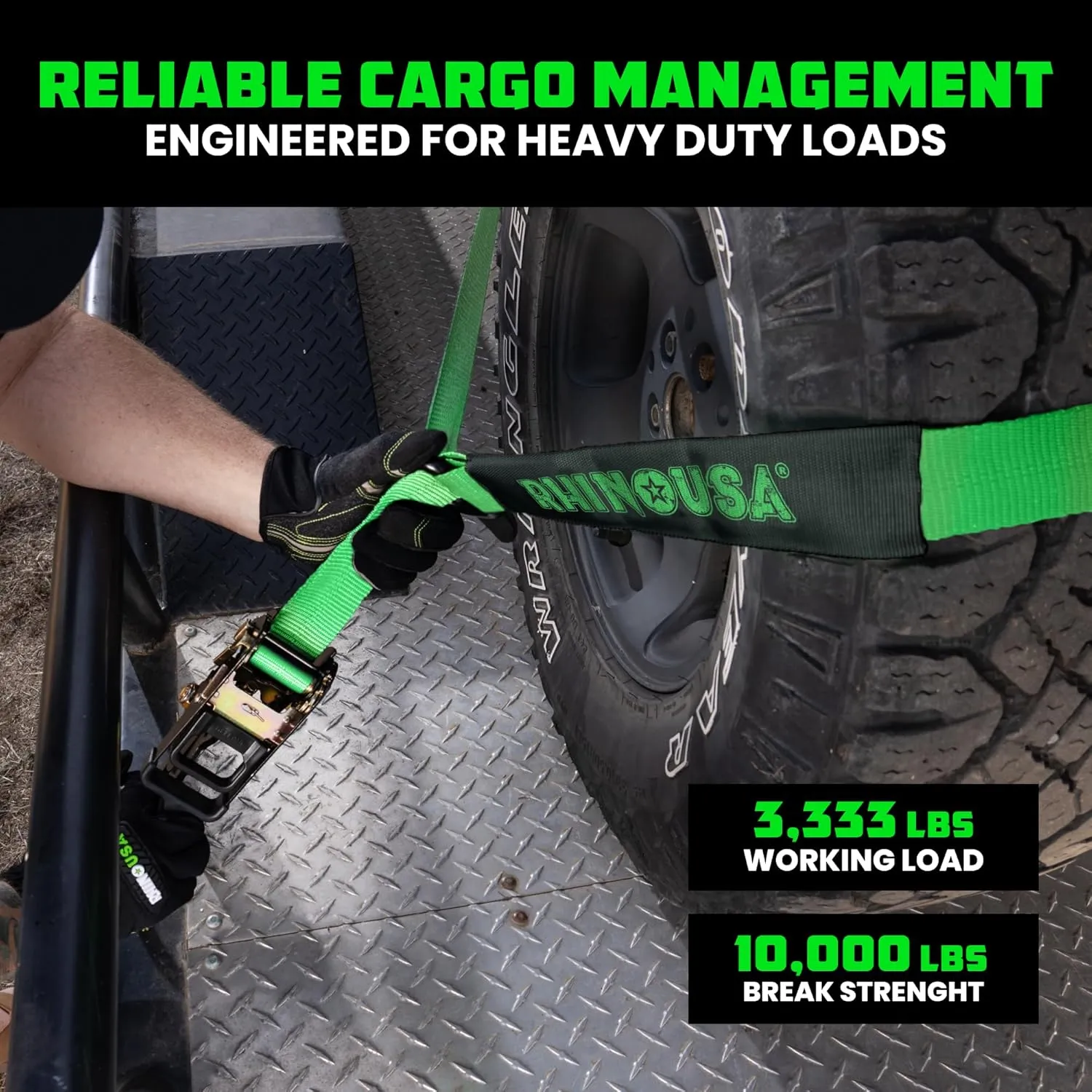 Rhino USA Car Tie Down Straps for Trailers with Snap Hooks (4-Pack) - 2 Inch x 8 Feet (10,000lb Break Strength) - Heavy Duty T-Handle Car Hauler Tire Straps for Trailer & UTV with Lasso Straps - Green