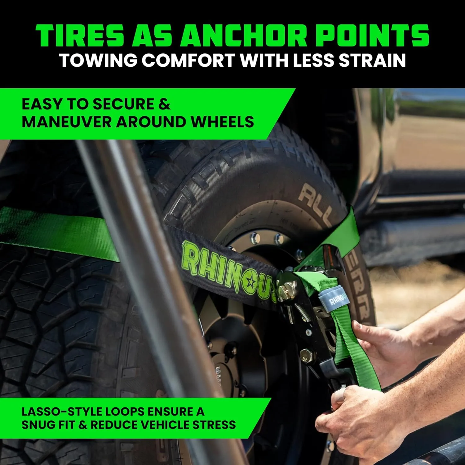 Rhino USA Car Tie Down Straps for Trailers with Snap Hooks (4-Pack) - 2 Inch x 8 Feet (10,000lb Break Strength) - Heavy Duty T-Handle Car Hauler Tire Straps for Trailer & UTV with Lasso Straps - Green