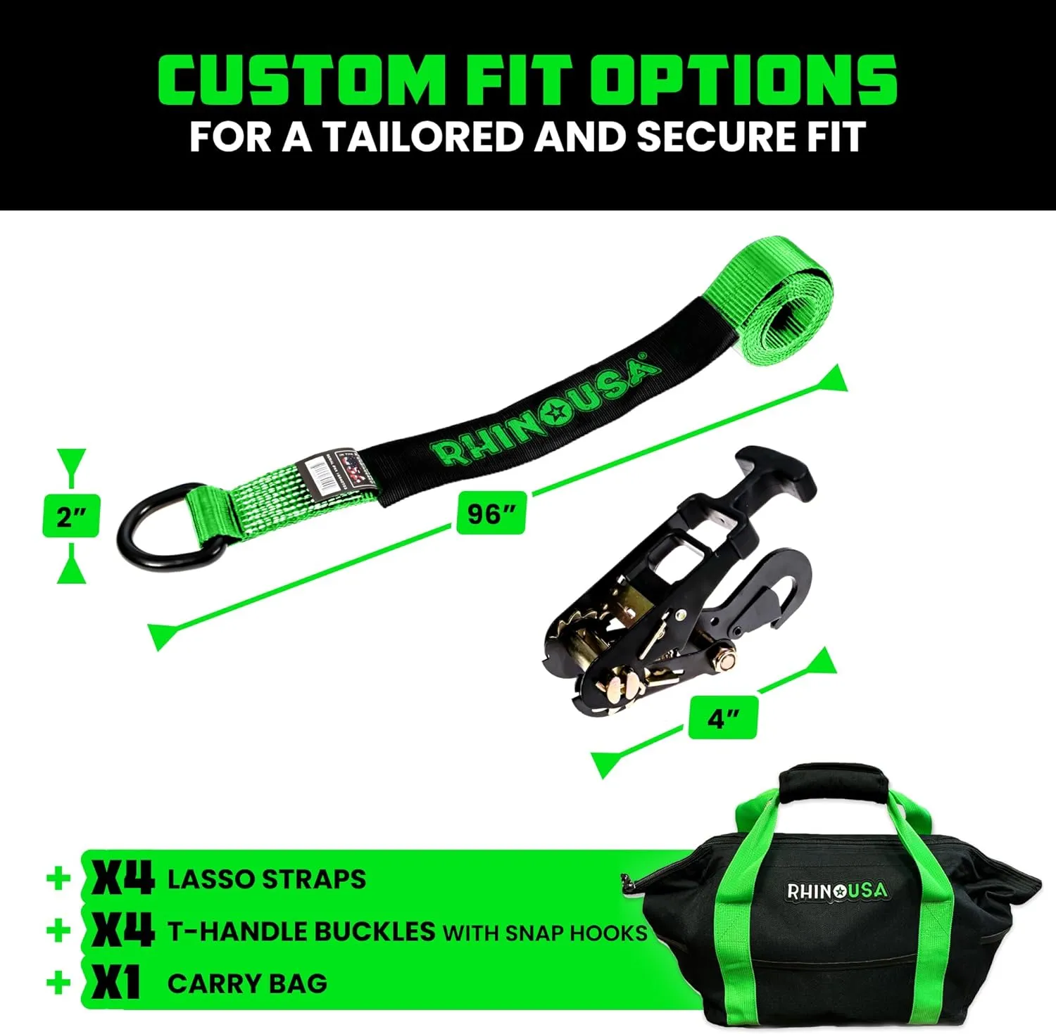 Rhino USA Car Tie Down Straps for Trailers with Snap Hooks (4-Pack) - 2 Inch x 8 Feet (10,000lb Break Strength) - Heavy Duty T-Handle Car Hauler Tire Straps for Trailer & UTV with Lasso Straps - Green