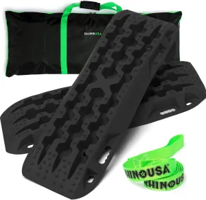 Rhino USA Off-Road Recovery Traction Boards - 2 Pack Ultimate Tire Traction Mountable Mats for 4X4 Vehicles in Sand, Mud & Snow. Heavy Duty Zipper Carry Bag and Leashes Included - (Black)