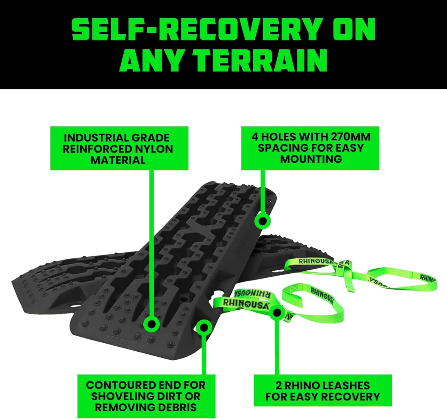 Rhino USA Off-Road Recovery Traction Boards - 2 Pack Ultimate Tire Traction Mountable Mats for 4X4 Vehicles in Sand, Mud & Snow. Heavy Duty Zipper Carry Bag and Leashes Included - (Black)