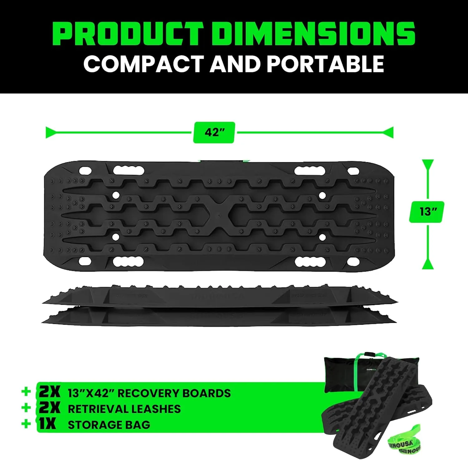 Rhino USA Off-Road Recovery Traction Boards - 2 Pack Ultimate Tire Traction Mountable Mats for 4X4 Vehicles in Sand, Mud & Snow. Heavy Duty Zipper Carry Bag and Leashes Included - (Black)