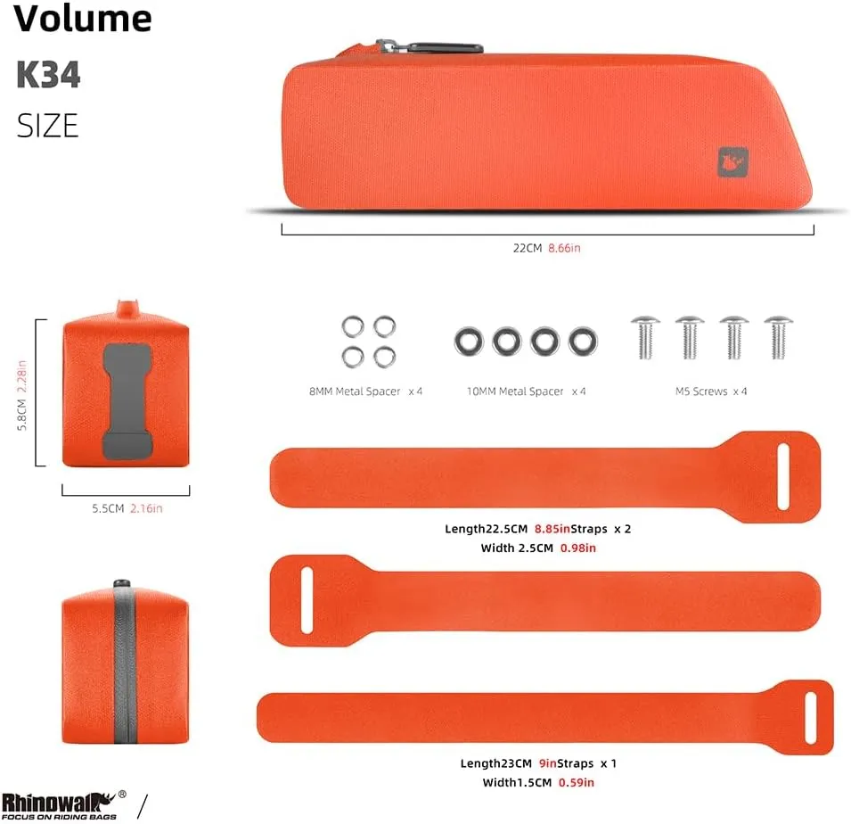 Rhinowalk Bike Top Tube Bag Bike Frame Bag with Zipper Fully Waterproof and Stable Bicycle Frame Bag Bicycle Bag Professional Cycling Accessories for Mountain Road Bike-Orange