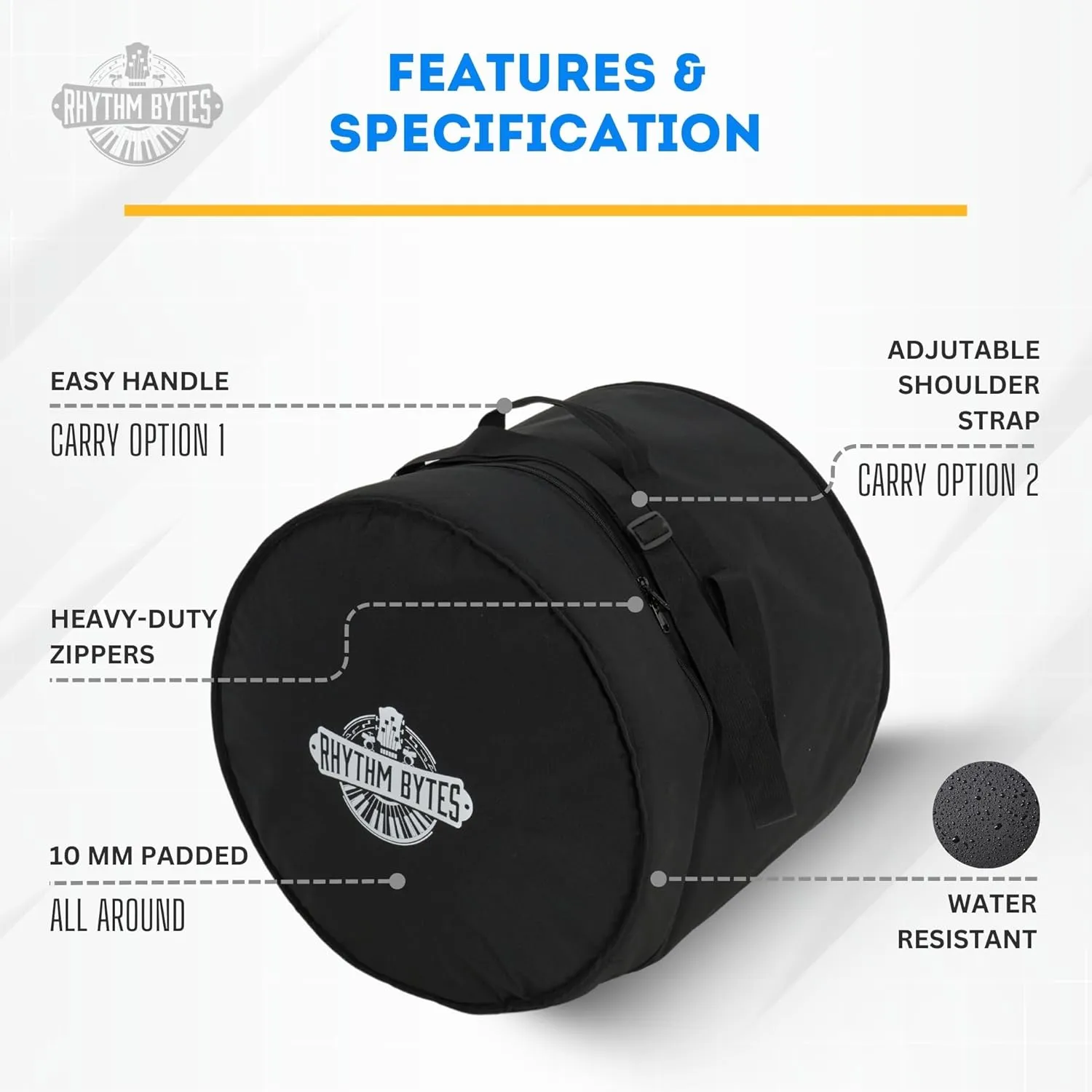 Rhythm Bytes 14-Inch Floor Tom Bag – Premium Padded Drum Case for 14x14 or 14x12 Floor Toms, 10mm Thick Padding, Heavy-Duty & Water-Resistant Construction