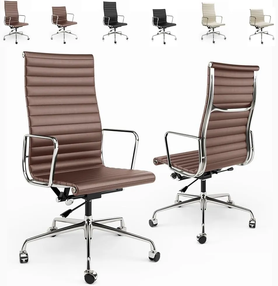 Ribbed Office Chair Top Grain Leather Desk Chair High Back Genuine Leather Swivel Chairs with Aluminum Alloy Arms & Base, with Silent Nylon Wheels, High Adjustable and Tilting Function, Brown