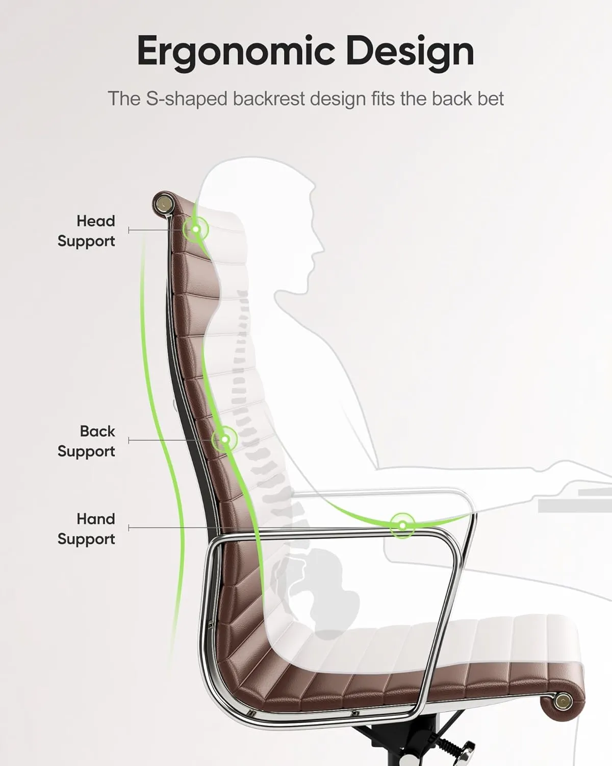 Ribbed Office Chair Top Grain Leather Desk Chair High Back Genuine Leather Swivel Chairs with Aluminum Alloy Arms & Base, with Silent Nylon Wheels, High Adjustable and Tilting Function, Brown