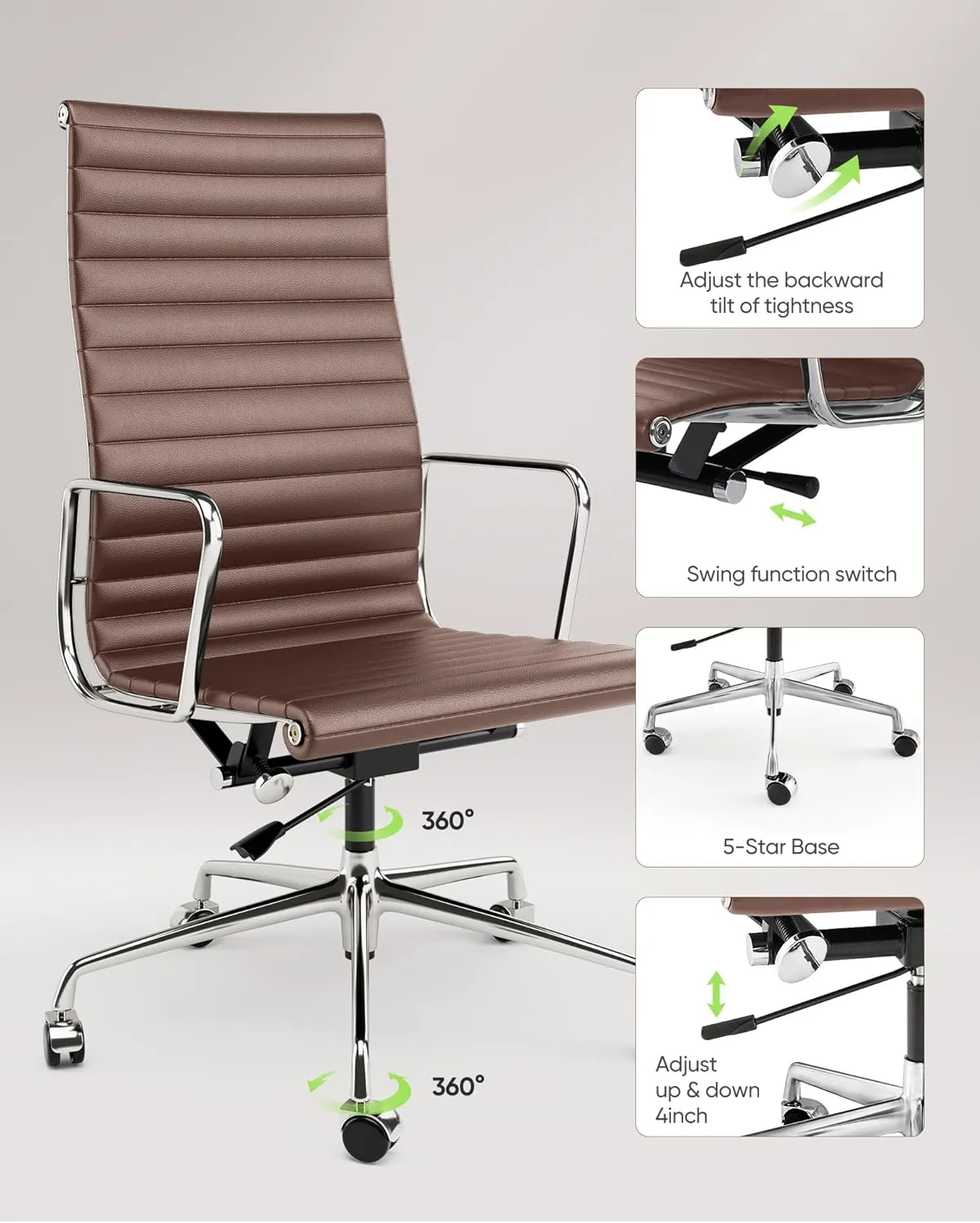 Ribbed Office Chair Top Grain Leather Desk Chair High Back Genuine Leather Swivel Chairs with Aluminum Alloy Arms & Base, with Silent Nylon Wheels, High Adjustable and Tilting Function, Brown