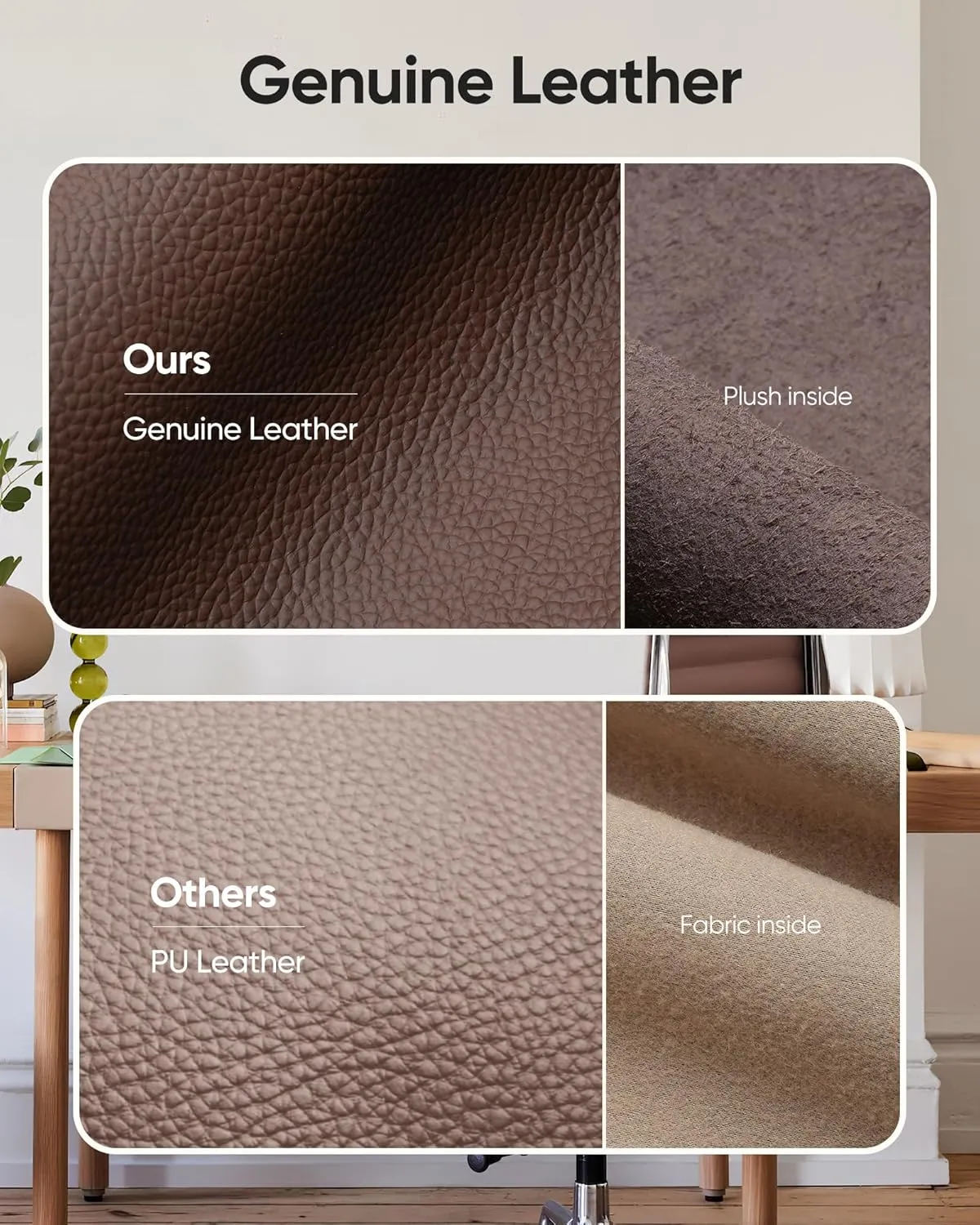 Ribbed Office Chair Top Grain Leather Desk Chair High Back Genuine Leather Swivel Chairs with Aluminum Alloy Arms & Base, with Silent Nylon Wheels, High Adjustable and Tilting Function, Brown