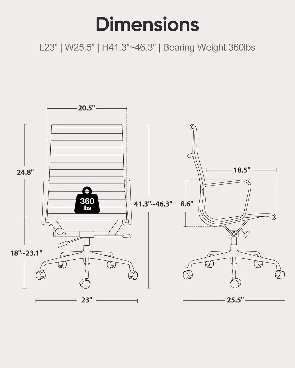 Ribbed Office Chair Top Grain Leather Desk Chair High Back Genuine Leather Swivel Chairs with Aluminum Alloy Arms & Base, with Silent Nylon Wheels, High Adjustable and Tilting Function, Brown