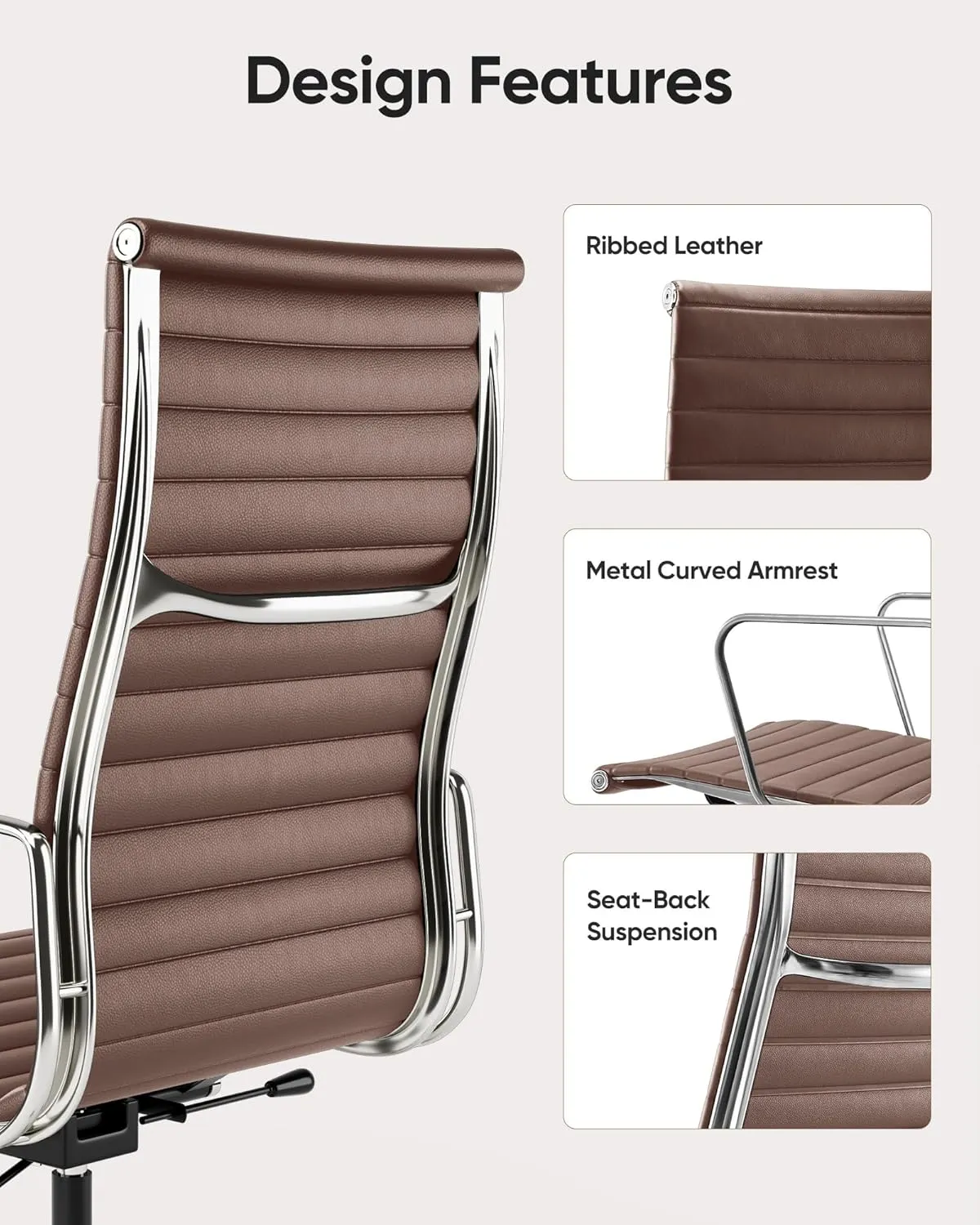 Ribbed Office Chair Top Grain Leather Desk Chair High Back Genuine Leather Swivel Chairs with Aluminum Alloy Arms & Base, with Silent Nylon Wheels, High Adjustable and Tilting Function, Brown