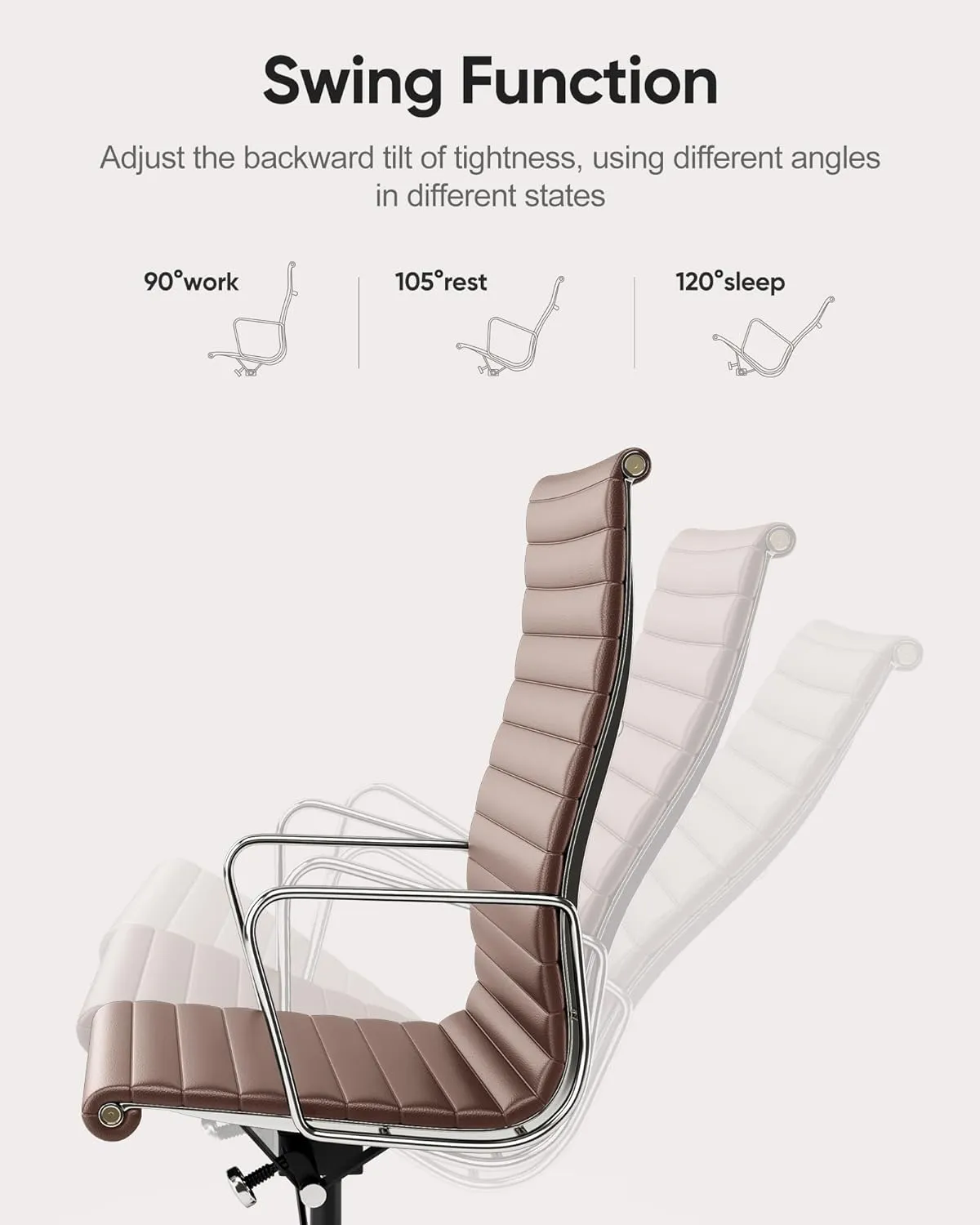 Ribbed Office Chair Top Grain Leather Desk Chair High Back Genuine Leather Swivel Chairs with Aluminum Alloy Arms & Base, with Silent Nylon Wheels, High Adjustable and Tilting Function, Brown
