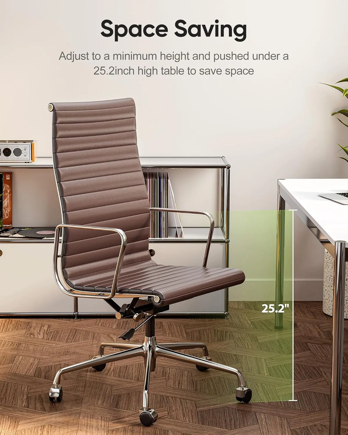 Ribbed Office Chair Top Grain Leather Desk Chair High Back Genuine Leather Swivel Chairs with Aluminum Alloy Arms & Base, with Silent Nylon Wheels, High Adjustable and Tilting Function, Brown