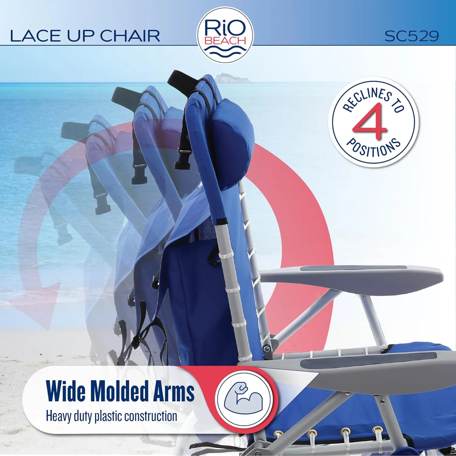Rio Brands 4-Position Backpack Lace-Up Suspension Folding Beach Chair, Bright Stripe