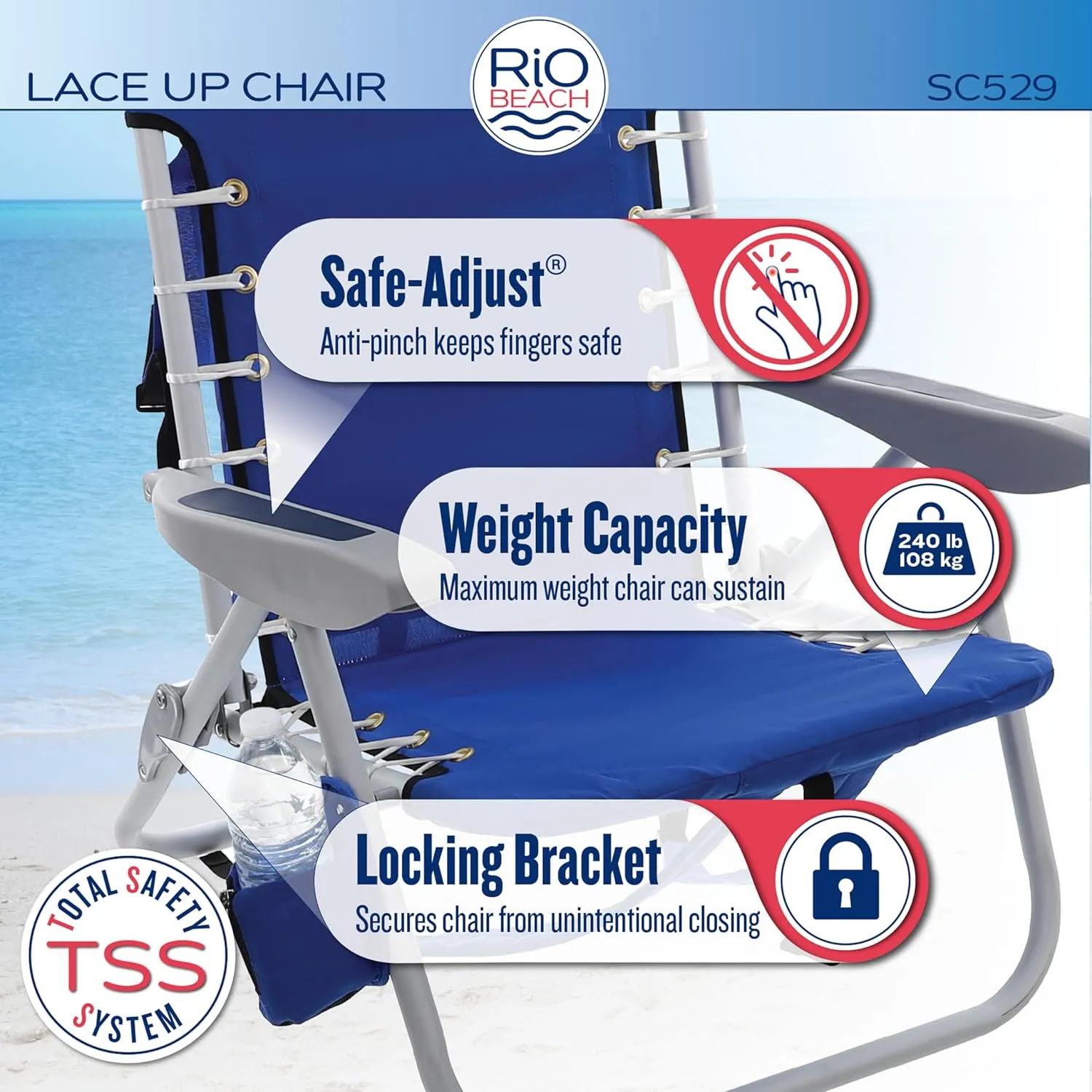 Rio Brands 4-Position Backpack Lace-Up Suspension Folding Beach Chair, Bright Stripe