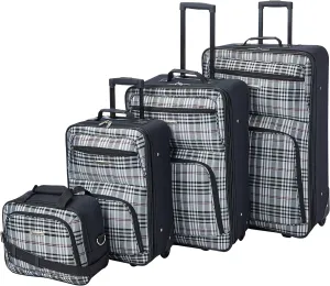 Rockland Fashion Softside Upright Luggage Set, Telescoping Handles, Black Plaid, 4-Piece (14/19/24/28)