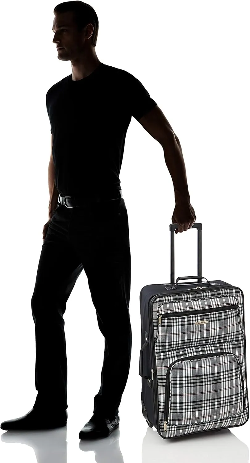 Rockland Fashion Softside Upright Luggage Set, Telescoping Handles, Black Plaid, 4-Piece (14/19/24/28)