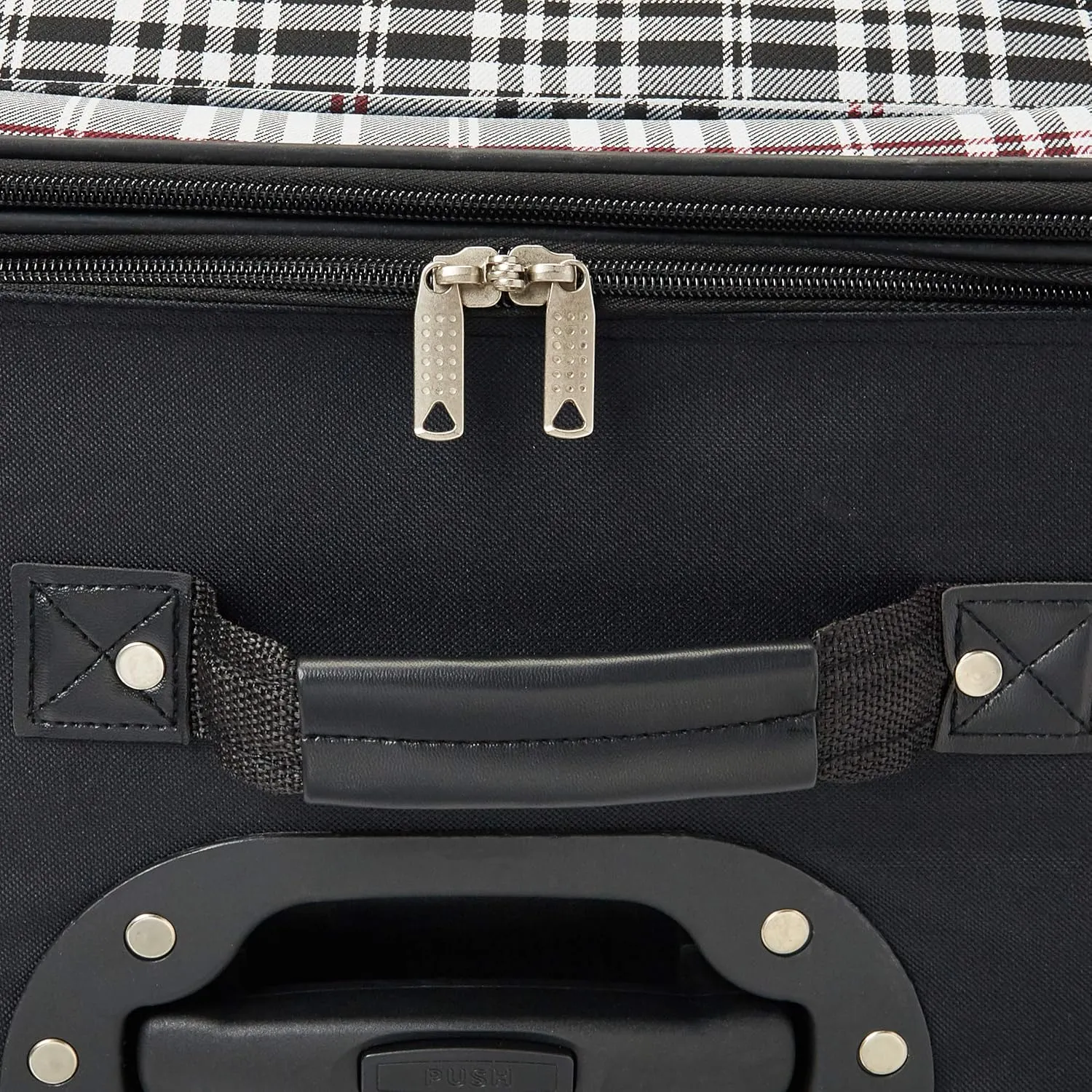 Rockland Fashion Softside Upright Luggage Set, Telescoping Handles, Black Plaid, 4-Piece (14/19/24/28)