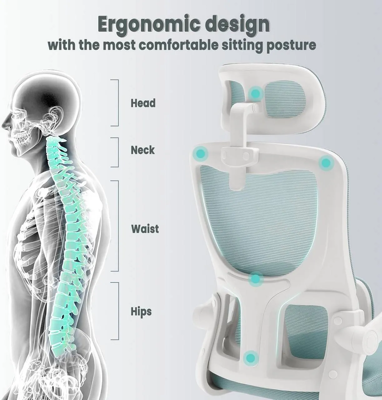 Rootz Ergonomic Office Chair - Mesh Desk Chair - Lumbar Support - Rocking Function - Adjustable Headrest - 62cm x (116-123.5)cm x 69.5cm