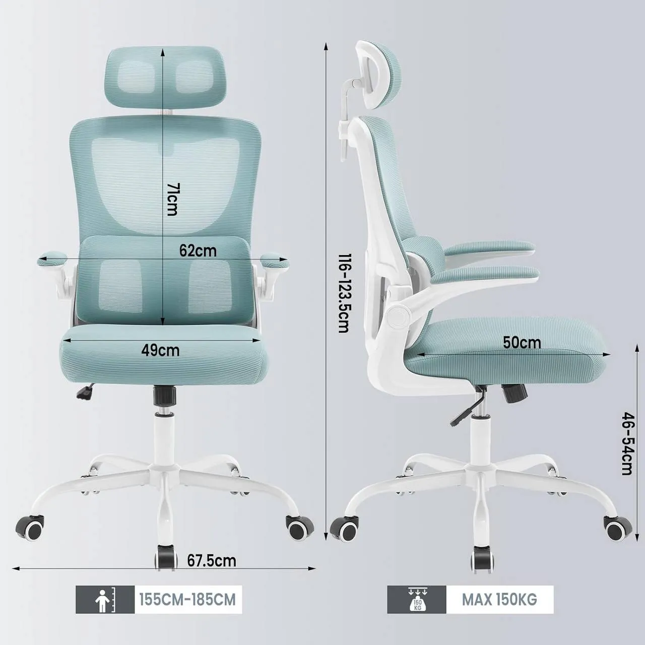 Rootz Ergonomic Office Chair - Mesh Desk Chair - Lumbar Support - Rocking Function - Adjustable Headrest - 62cm x (116-123.5)cm x 69.5cm