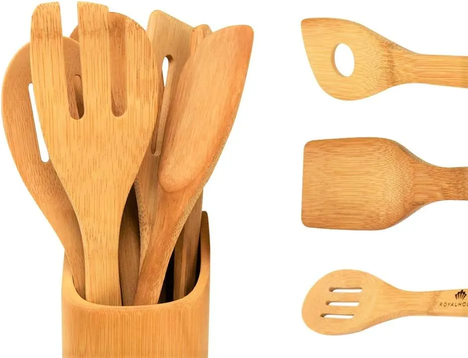 ROYALHOUSE Wooden Kitchen Utensils Set - 7 Piece Bamboo Cooking Tools and Holder - Cooking Spoons and Spatulas, Kitchen Tools - Wood Tool Utensil Sets for Nonstick Pan and Cookware