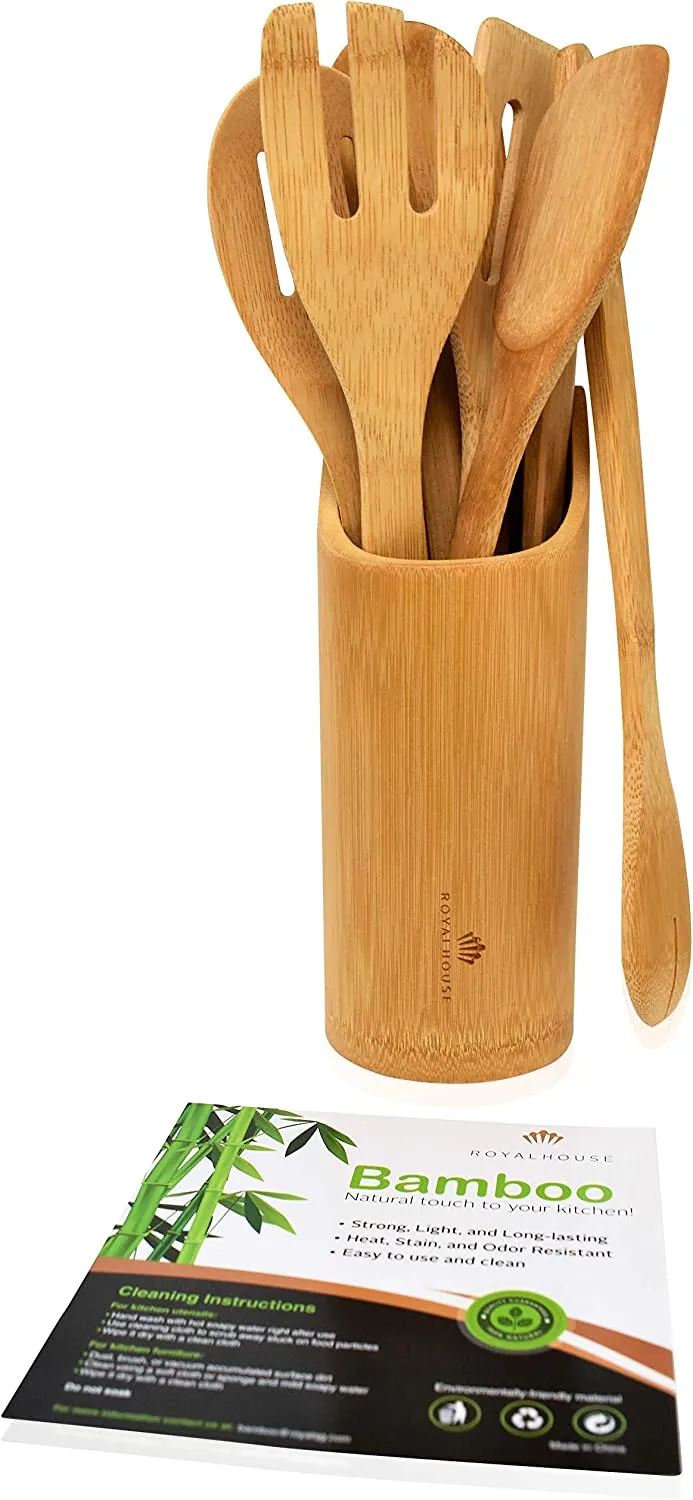 ROYALHOUSE Wooden Kitchen Utensils Set - 7 Piece Bamboo Cooking Tools and Holder - Cooking Spoons and Spatulas, Kitchen Tools - Wood Tool Utensil Sets for Nonstick Pan and Cookware