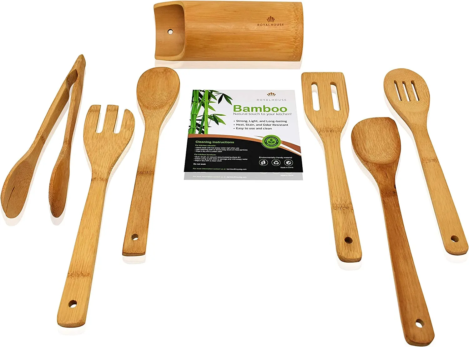 ROYALHOUSE Wooden Kitchen Utensils Set - 7 Piece Bamboo Cooking Tools and Holder - Cooking Spoons and Spatulas, Kitchen Tools - Wood Tool Utensil Sets for Nonstick Pan and Cookware