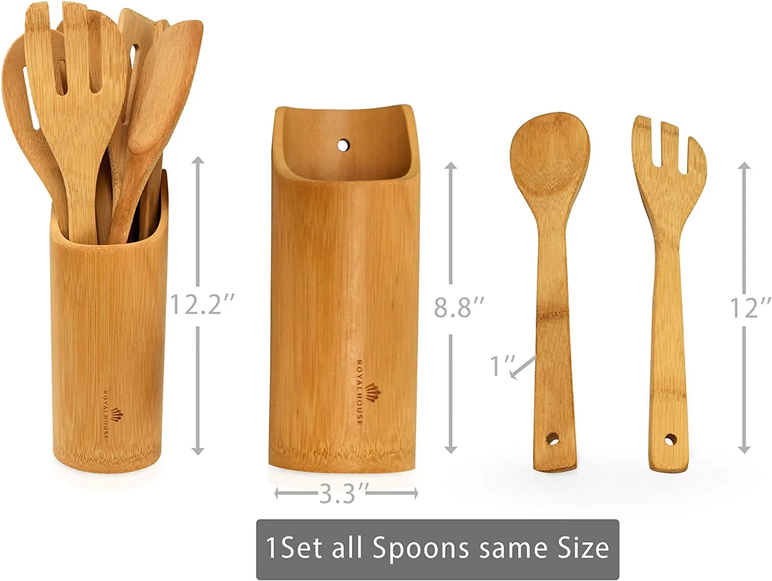 ROYALHOUSE Wooden Kitchen Utensils Set - 7 Piece Bamboo Cooking Tools and Holder - Cooking Spoons and Spatulas, Kitchen Tools - Wood Tool Utensil Sets for Nonstick Pan and Cookware